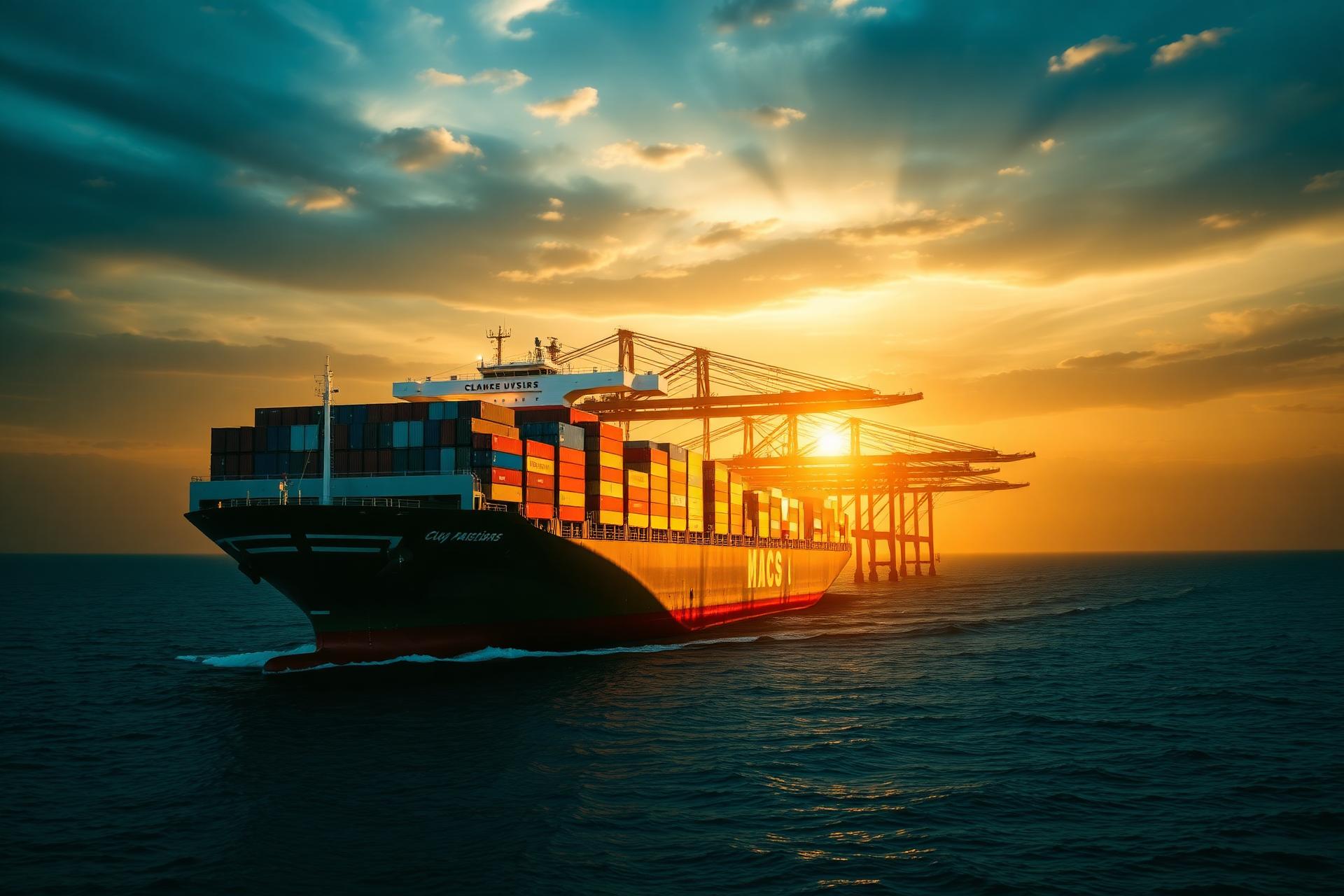 Cargo ship at sunset